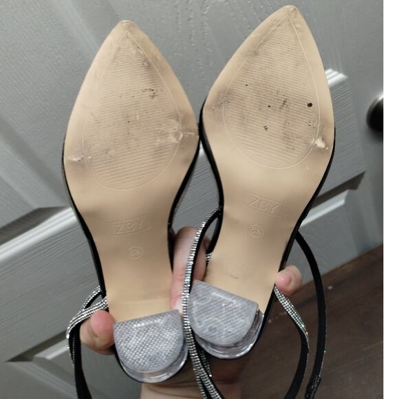 ZBY Women's Size 6.5 Clear Rhinestone Strappy Ankle Pointed Toe Block Heels - Picture 7 of 7